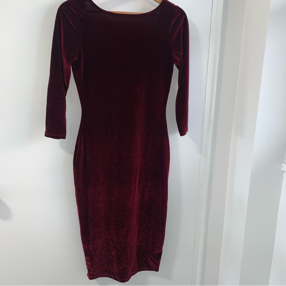 Burgundy Velvet Bodycon Midi Dress Open Back Size S